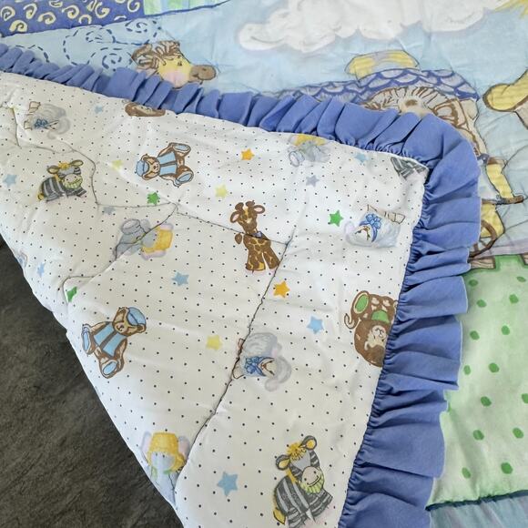 Baby Express Quilt Blanket Blue Ruffle Patchwork Animals Train Nursery Decor - Picture 5 of 11